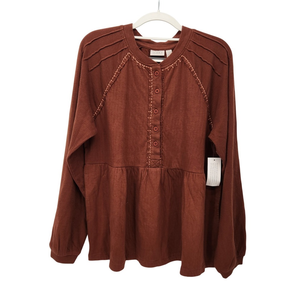 NWOT LOGO Lori Goldstein Cognac Cotton Peplum Top Pintuck Raglan Sleeve Women S